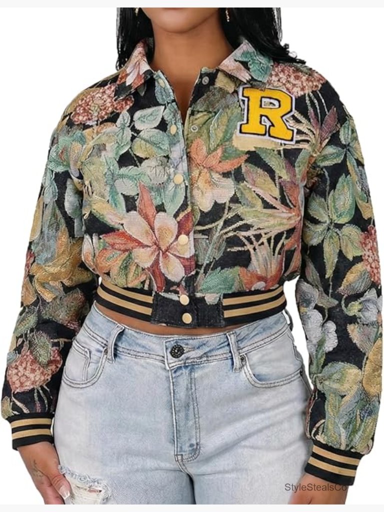 Textured Floral Bomber Jacket Cropped Varsity Letterman Snap Button Long Sleeve